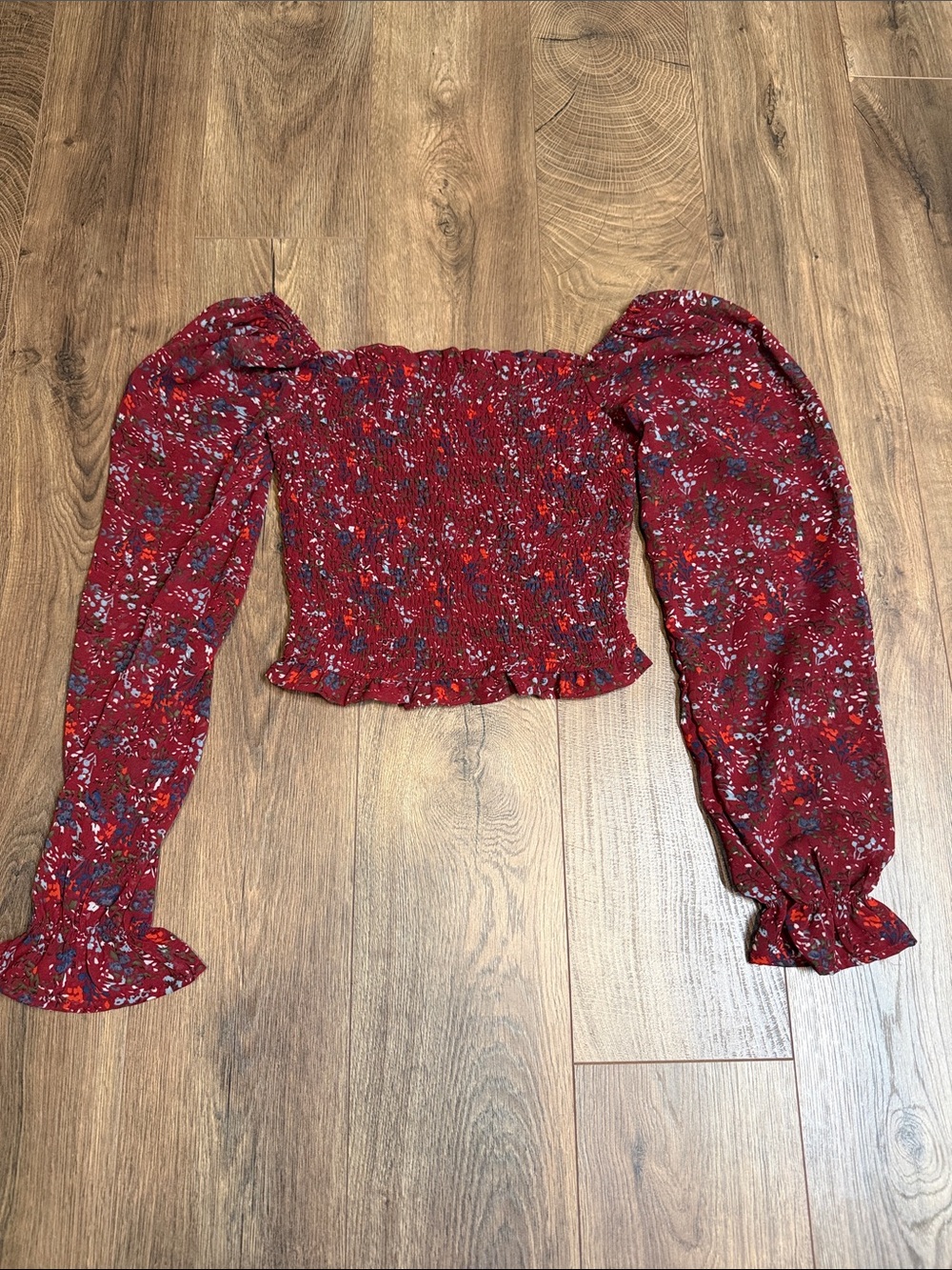 Like New Deep Burgundy Floral Off-Shoulder Crop Top with Puff Sleeves XS